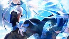 Clouds woman dress back lace white hair red eyes Ribbons bows 