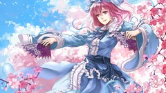 Clouds woman dress hats ghosts Ribbons fans veil pink hair pink 