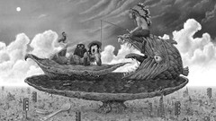 Clouds woman fish Indians monochrome surreal art