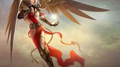 Clouds woman lights wings red dress blondes angels long hair 