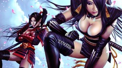 Clouds woman weapons Katana horns armor gloves Swords long hair 