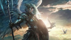 Clouds woman weapons wings armor Valkyrie white hair doves 