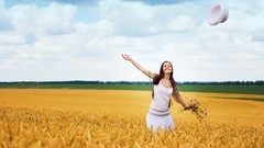 Clouds woman wheat happy brunettes