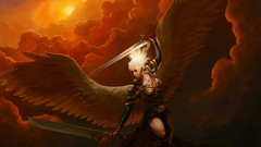 Clouds woman wings flying Swords angels skies artwork fantasy 