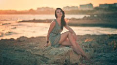Coast woman dress rocks Beaches legs outdoors barefoot black 