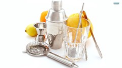 Cocktail alcohol white background Tools drinks lemons liquor