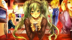 Coffee headphones collar red eyes wires bows blondes twins long 