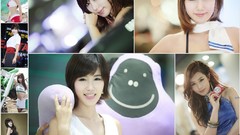 Collage asians brunettes short hair models Korean blue dress 