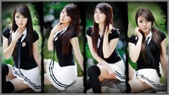 Collage woman tie sitting schoolgirls asians skirts long hair 
