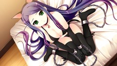 Collar beds gloves sitting chains long hair anime girls green 