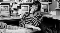 Computers young Steve Jobs smiling grayscale striped clothing