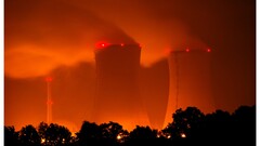 cooling towers night red dark smoke nuclear power plant
