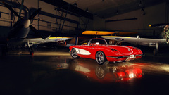 Corvette Car red cars airplane vehicle dark hangar Aircraft
