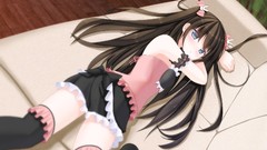 Couch anime girls blue eyes brunettes maids lying down thigh 