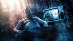 Couch television gas masks post-apocalyptic