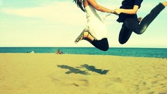 Couple Beaches sunlight jumping