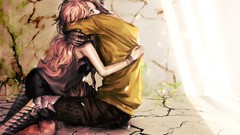 Cracks hugging pink hair long hair anime girls short hair Yuu 