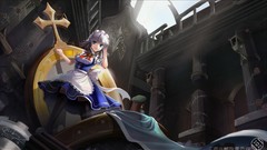 Cross Plants ruins dress white hair buildings bows anime girls 