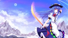 Cross red eyes Swords blue hair anime girls touhou hinanawi 