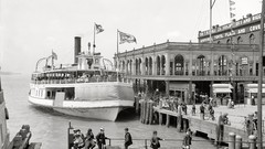 Crowd ships dock monochrome USA historic detroit ferry old 
