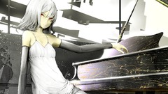 Cubes piano white hair red eyes sitting skirts anime girls 