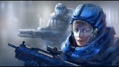 cyberpunk looking at viewer weapon helmet science fiction gun