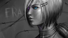 cyborg selective coloring face blue eyes science fiction Women