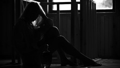 Dark black and white woman silhouettes monochrome houses