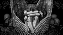 Dark black and white woman wings monochrome drawings chains 