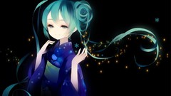 Dark black background kimono long hair green eyes hatsune miku 