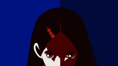 Dark blue background red eyes faces shadows long hair anime 