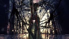Dark branches white hair red eyes reflections buildings pants 