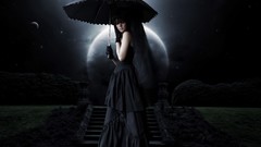 Dark Gothic moon woman Umbrellas black dress black hair