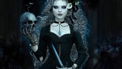 Dark Gothic woman dress skulls blondes Daggers