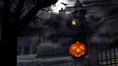 Dark Halloween castle houses pumpkins digital art