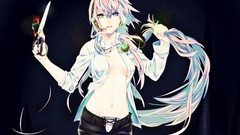 Dark headphones scissors black background navel shirts pants 