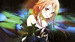 Dark light feathers dress white hair red eyes pink hair long 