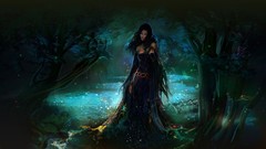 Dark magic woman black hair forests artwork fantasy art