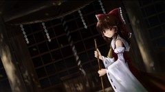 Dark red eyes Ropes buildings bows long hair anime girls 