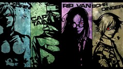 Dark text glasses tie hats military red eyes suit coat long 