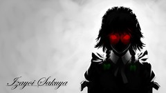 Dark text gray background dress red eyes faces bows anime girls 