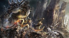 Dark woman Monsters fight Swords fantasy art