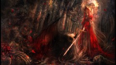 Dark woman weapons wings dress hats horns white hair red dress 