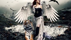Dark woman wings raven Tigers angels fantasy art