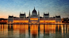 Dawn lights architecture reflections buildings budapest hungary 