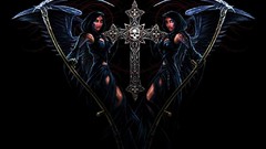 Death woman cross black background skulls