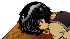 Desks anime girls brown eyes school uniforms short hair black 