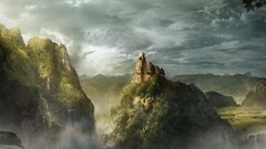 Desktopography artwork sky Mountains digital art edited temple