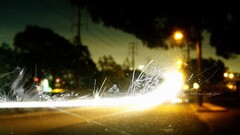 digital art bokeh night power lines road