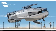 digital art futuristic science fiction light blue blue spaceship